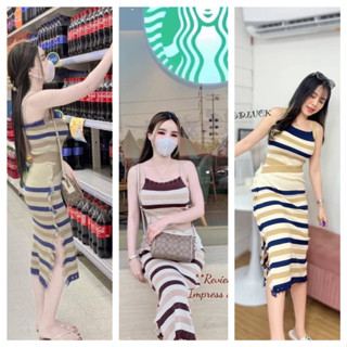 🌸Cha-née shop🌸 Korea Maxi Dress  เดรสไหมพรมตัวยาว ผ่าข้างโชว์เรียวขา แต่งขอบรุ่ยๆ ทรงสวย เก๋มาก