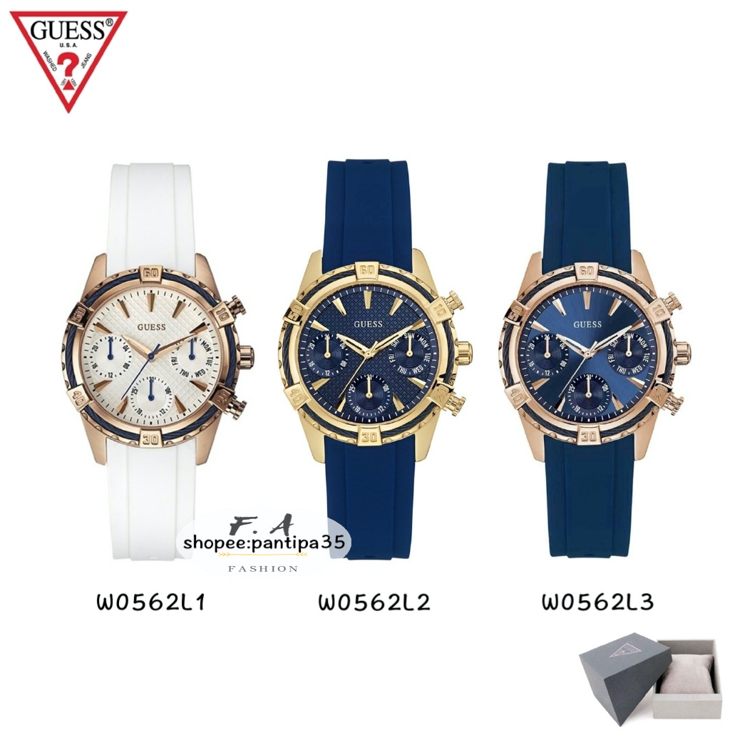 F.A ของแท้100% Guess round อะนาล็อกสีขาวหน้าปัดสีน้ำเงินผู้หญิงนาฬิกา W0562L1 W0562L2 W0562L3 35mm น