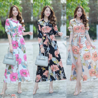 💜Maxi Dress เดรสเชิ้ตยาว แขนยาว ติดกระดุมด้านหน้า มีโบว์ผูกเอวปรับระดับได้ ผ้า100D พิมพ์ลายดอกใหญ่ ลายผ้าสวยเก๋มากๆ