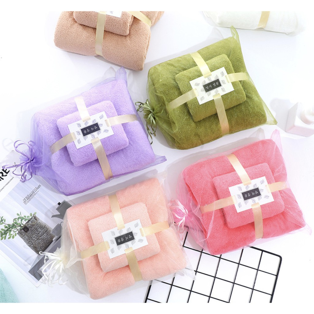 ZMJ-01 ชุดผ้าเช็ดตัวขนเป็ด เช็ดผม สีพื้น ของรับไหว้ ของขวัญ งานแต่ง งานบุญ มีถุงแก้ว ขนาด 140x70 และ 70x35 ซม