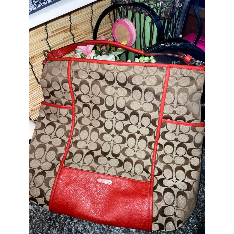 กระเป๋าสะพายหนังแท้ Coach แท้ 13” ผ้าลายC สีส้ม