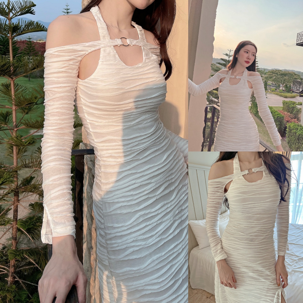 SLYQ SNOW WAVE HOOP JERSEY MIDI DRESS เดรสยาวปาดไหล่แต่งห่วงผูกคอหลัง ขาว เบจ ฟ้า เทาเข้ม
