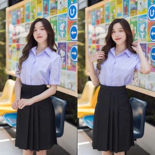 กระโปรงนักเรียน กระโปรงทรงแคบ มัธยมต้น-ปลาย ผ้ามันดีวาย สีกรมเข้ม - สีดำ กระเป๋าลับ ตีเกล็ด 5.5 นิ้ว