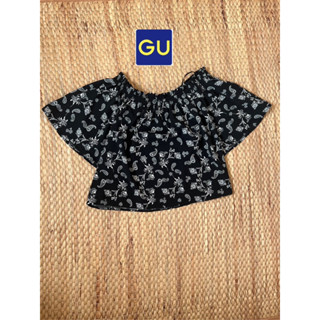 GU x cotton x M ทรงเปิดไหล่ได้ สีดำลายสวย อก 40 ยาว 18 • Code : 167(2)