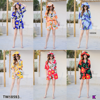 SS18593 set #สาวอวบ 2ชิ้น เสื้อเชิ้ตลายดอกไม้+ กางเกงขาสั้ัน