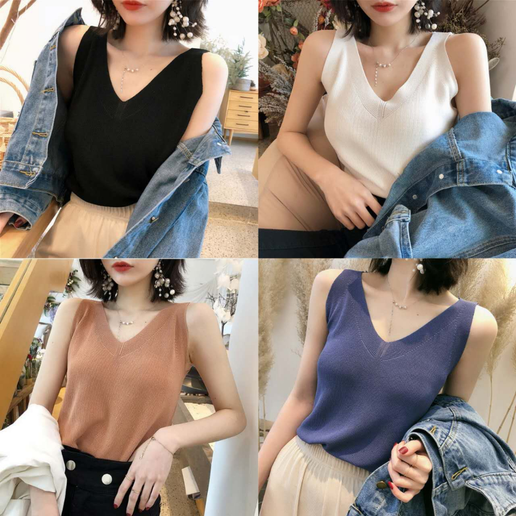 SELLเสื้อผ้าผู้หญิง เสื้อแขนกุดไหมพรม คุณภาพดีสวมใส่สบาย เสื้อกล้ามผ้ายืด คอวี