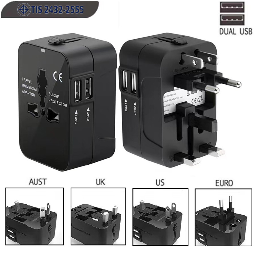 หัวแปลงปลั๊กไฟ ใช้ได้ทั่วโลกInternationalTravelAdapter2USB Ports อะแดปเตอร์การเดินทาง Universal Worldwide Adapters B29