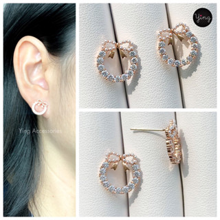 ✨NEW✨ต่างหูโบว์มุก Pink Gold ประดับงานเพชร CZ ก้านเงินแท้