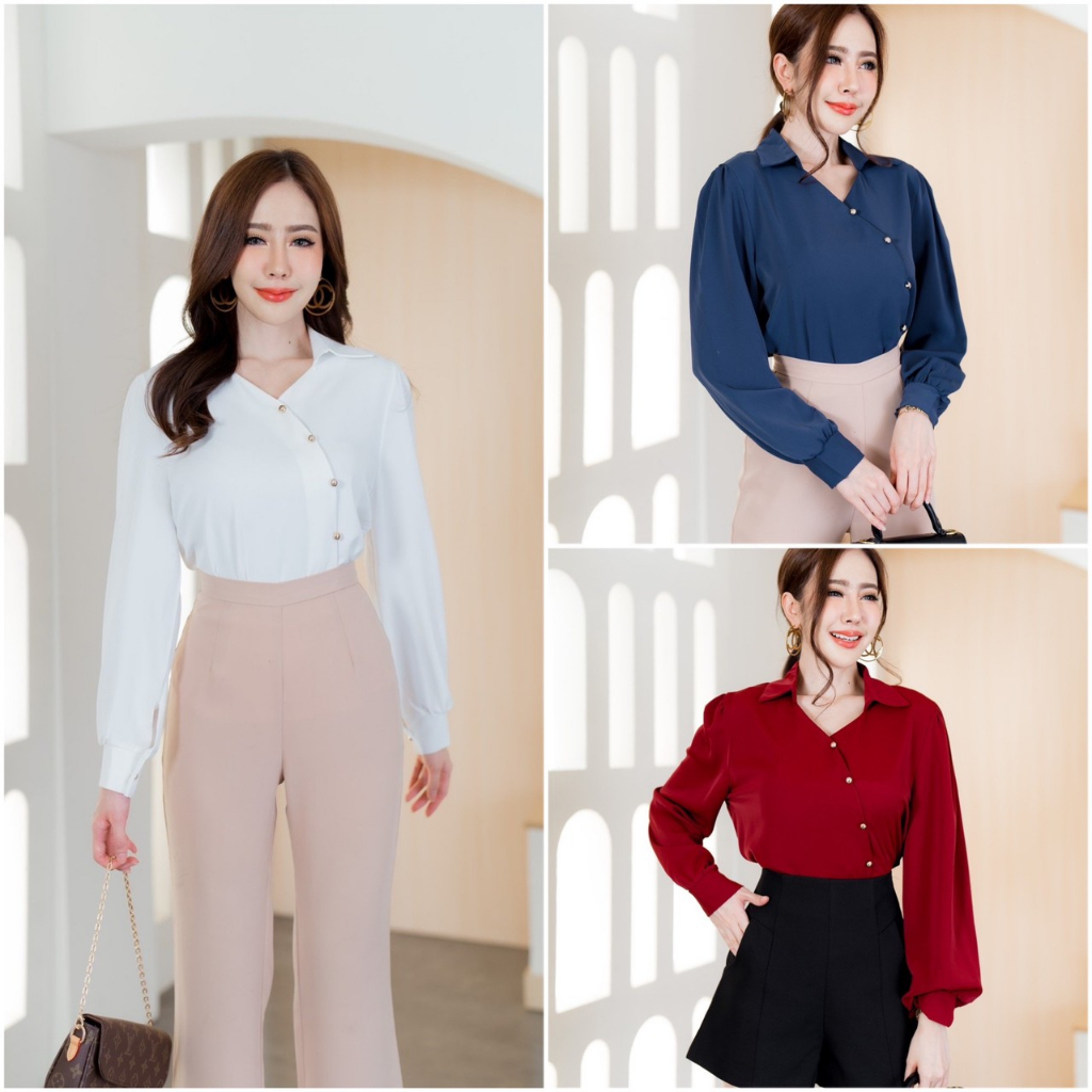 เสื้อเชิ้ตผู้หญิงแขนยาวสไตล์คนทำงานเนื้อผ้าเกาหลีใส่สบาย New Fashion 2025