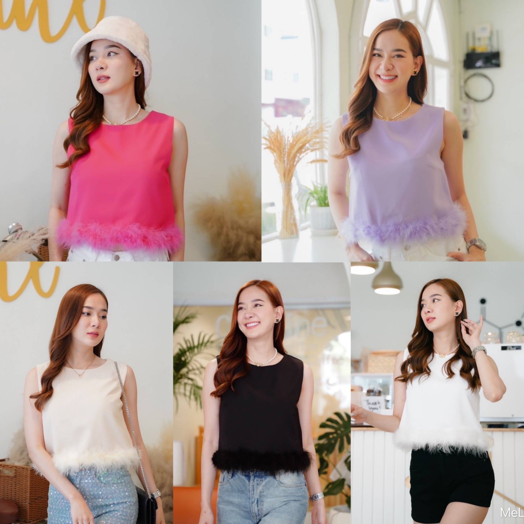 เสื้อกล้ามทรงครอป แต่งด้วยขนนกกระจอกรอบตัว ซับทั้งตัวซิปหลัง ใส่ง่าย เนื้อผ้านุ่มลื่นฟู Mix&Math กลับกางเกงหรือกระโปรงได