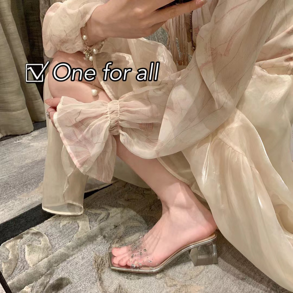 One for all พร้อมส่งจากไทย TX431 รองเท้าแตะ ส้นบล็อก หัวสี่เหลี่ยม  สีโปร่งใส ไซซ์ 35-40