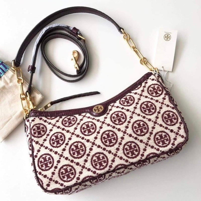 Tory burch T Monogram Jacquard Studio Shoulder Bag ทรงพอช สะพายไหล่ได้ มีสายยาวถอดได้ ปรับได้ สะพายส