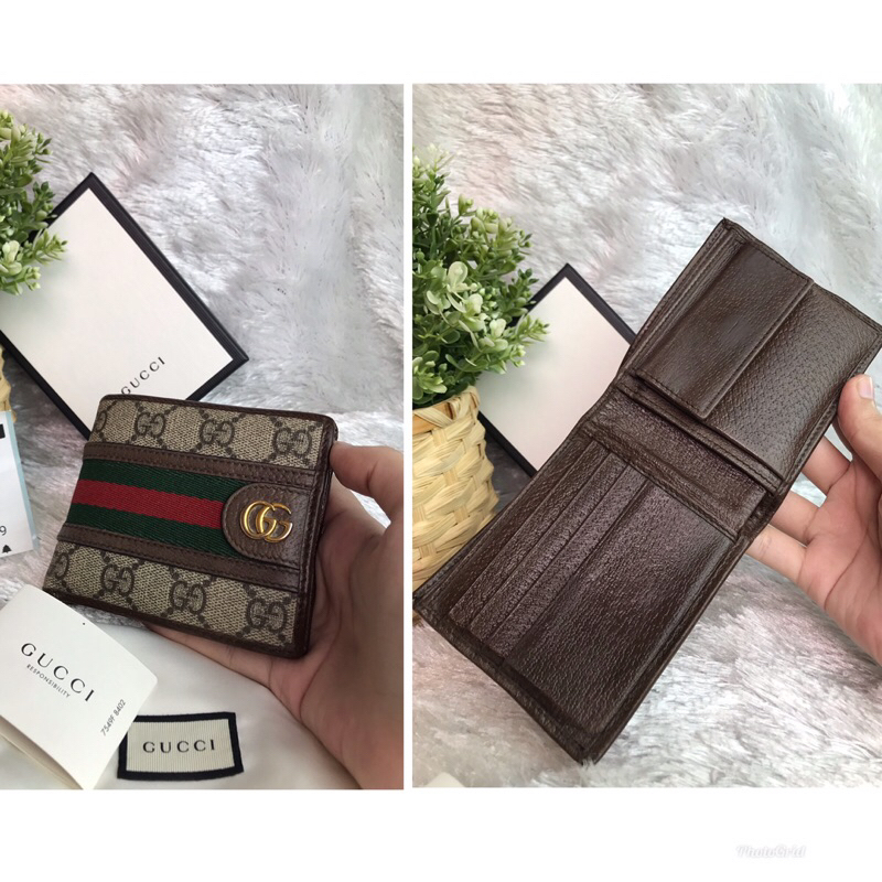 GUCCI Wallet Men's Bifold Wallet Ophidia GG Coin Wallet Beige Series แท้
