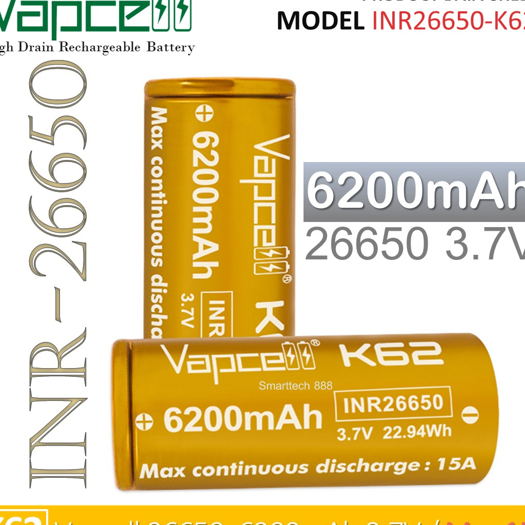 (มาใหม่ !!!) Vapcell  26650 K62 6200mAh 3.7V  ถ่านชาร์จสีทอง หัวแบน  จ่ายกระแส  15A /25A