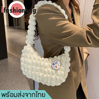 ifashionbag(IF1850) กระเป๋าสะพายไหล่ใบเล็ก ผ้ายับนุ่มๆ+แถมเข็มกลัด