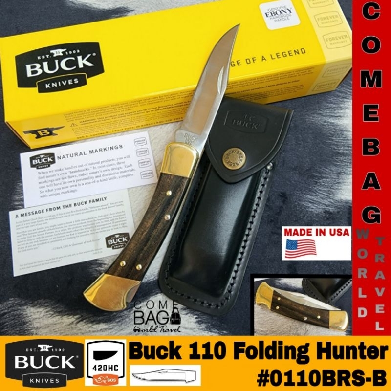 มีดพับ BUCK110 Folding Hunter เป็นมีดคลาสสิก มีดประกอบ Bolstersทองเหลืองพร้อมด้ามมีดไม้มะเกลือ ของแท้ผลิตอเมริกา