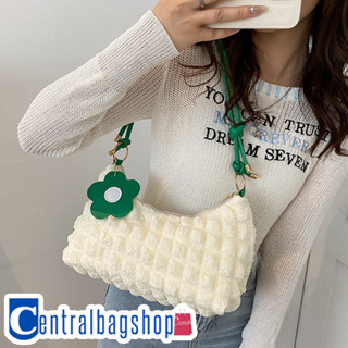 centralbagshop(C1848) กระเป๋าสะพายไหล่ผ้าย่น มีที่ห้อยดอกไม้น่ารัก สไตล์เกาหลี