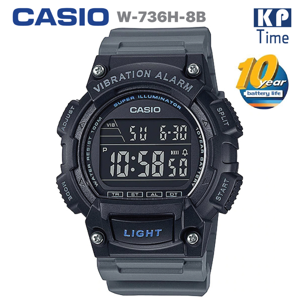 Casio แบตเตอรี่ 10 ปี Vibration Alarm นาฬิกาข้อมือผู้ชาย สายเรซิน รุ่น W-736H-8B ของแท้ประกันศูนย์ C
