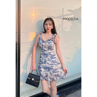 มินิเดรสผ้าพิมลายผูกบ่า งานสวยมีซิปหลัง ซับในอย่างดี ช่วงอกเสริมฟองน้ำ
