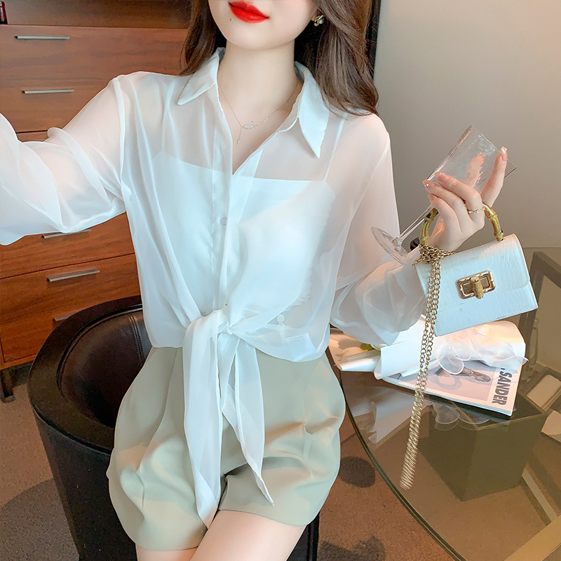 Littlebee W215#เสื้อแฟชั่น เสื้อเชิ้ตชีฟอง เสื้อผ้าบาง เสื้อเชิ้ตผู้หญิงแขนยาว เสื้อป้องกันแสงแดด เสื้อคุม