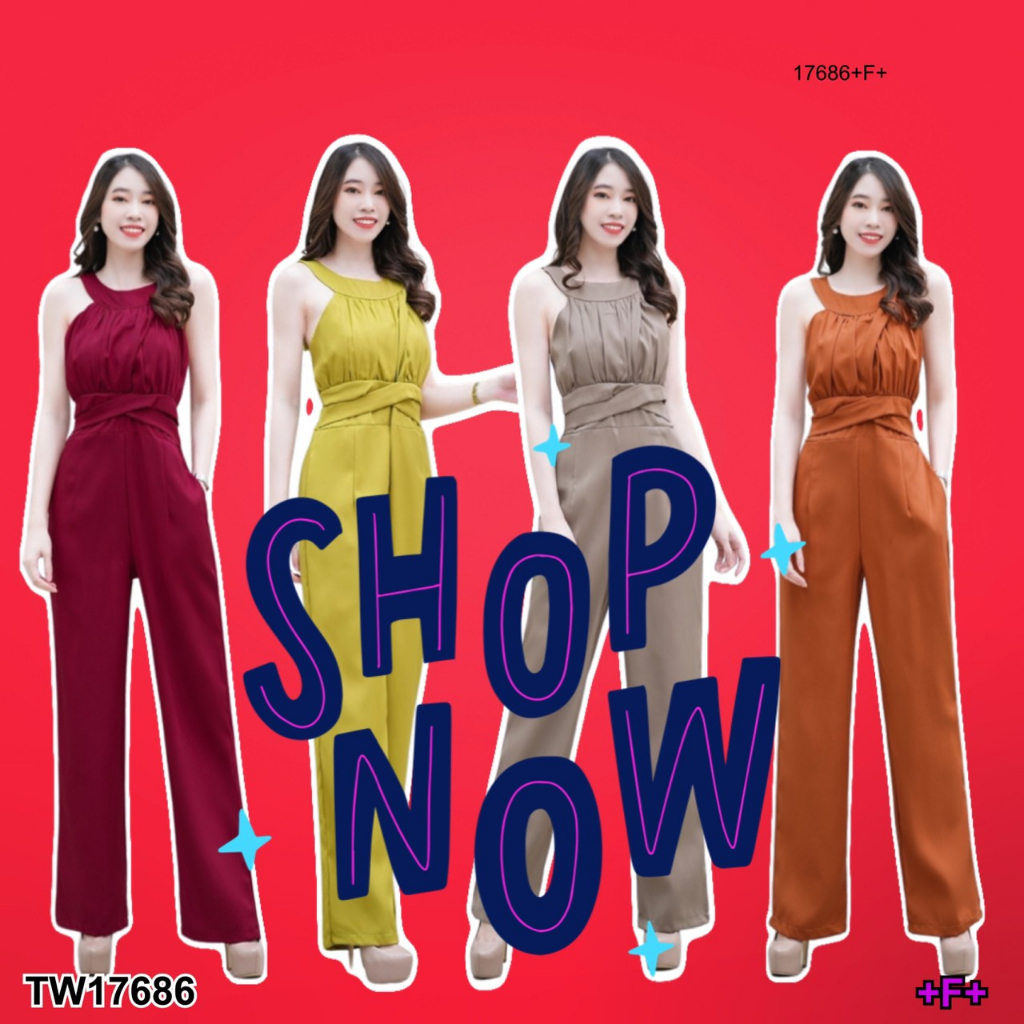TwinsShopVip พร้อมส่ง TW17686 Jumpsuit จั้มสูทขายาวแขนกุดอกจีบ .