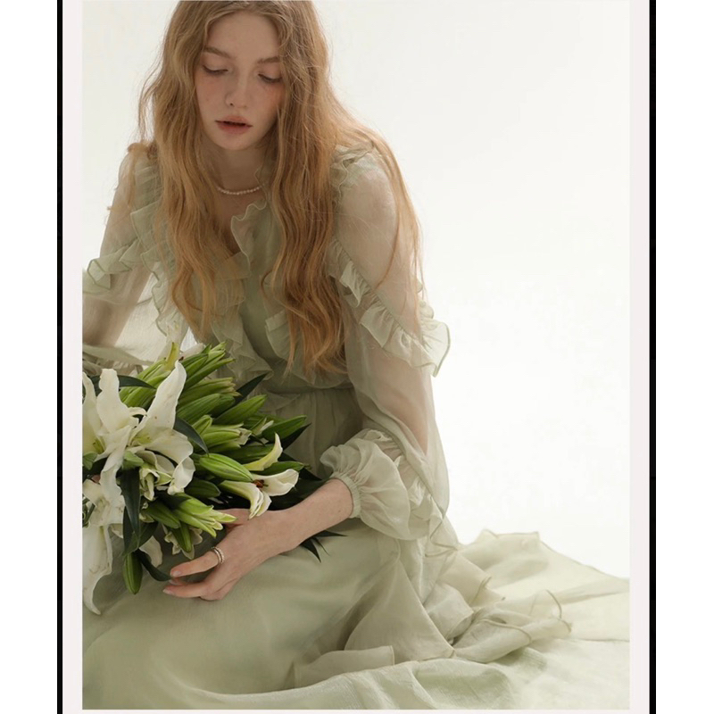 dress ไปงานสไตล์เจ้าหญิง France Elegant Dress Women Green Chiffon Puff Sleeve Lace Korean Fashion