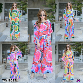 18595 set #สาวอวบ 2 ชิ้น เสื้อแขนค้างคาวมัดย้อม + กางเกงขายาวมัด set #Chubby girl Tie-dye bat sleeve top + long pants.