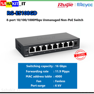 สวิตซ์ฮับ Ruijie 8-port 10/100/1000Mbps (Gigabit) Unmanaged Metal Switch รุ่น RG-ES108GD