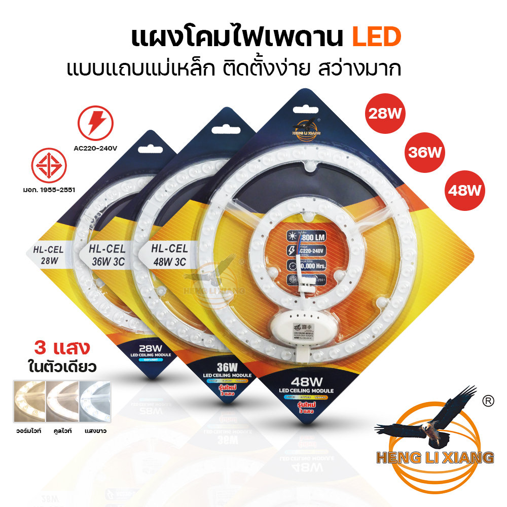 แผงโคมไฟเพดาน หลอดไฟ LED โคมเพดาน 3 สีในตัวเดียว 28W/36W/48W รุ่น HL-CELL ซาลาเปา แถบแม่เหล็ก มีมอก.