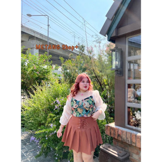 [สาวอวบ] ชุดเช็ต 2 ชิ้น เสื้อเบลาส์คอสี่เหลี่ยม+ กระโปรงจีบรอบ เอวสูง สไตล์วินเทจ แฟชั่นสไตล์เกาหลี