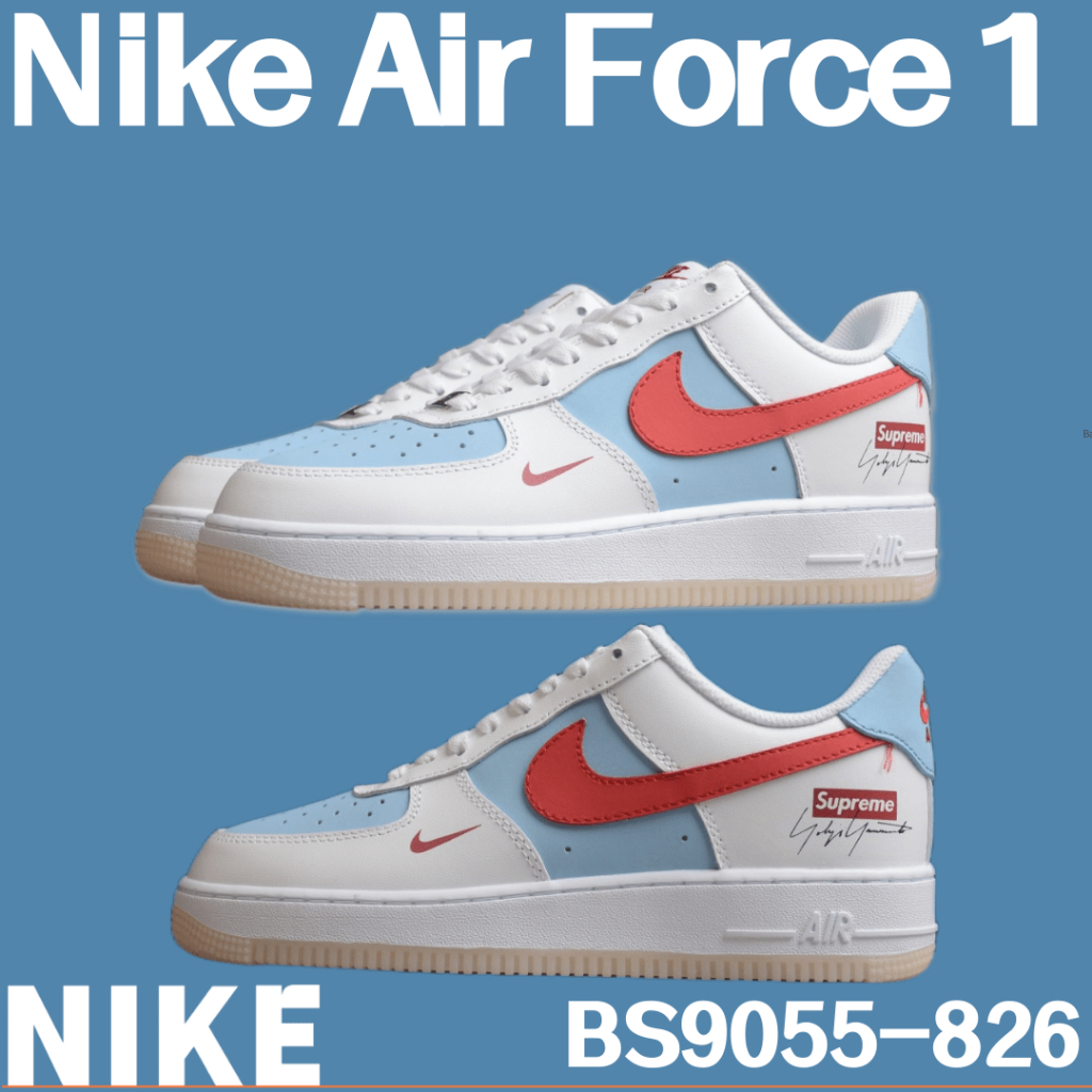 Supreme x Nike Air Force 1 07 Low รองเท้าผ้าใบ รองเท้าสเก็ตบอร์ด หนังสัตว์ ขาว น้ำเงิน แดง BS9055-826