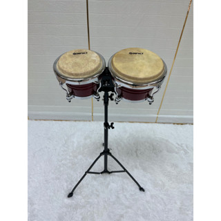 Rock Impact กลองบองโก้ไม้ 7"-8" Wood Bongo รุ่น สีแดง อะไหล่โครเมี่ยม พร้อมขาตั้ง