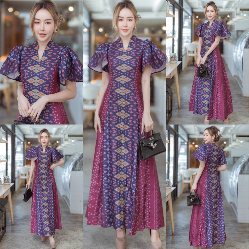 🧡พร้อมส่ง S-4XL🧡ป้าย Love Lady💕เดรสยาว เดรสพิมพ์ลายไทย สีม่วง ทรงเจ้าหญิง สวยอลัง