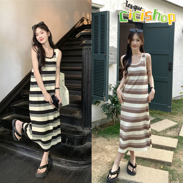 Cicishop(23CX08)เดรสยาวแขนกุดไหมพรมผ้าร่อง ลายทาง ใส่สบายคลายร้อน