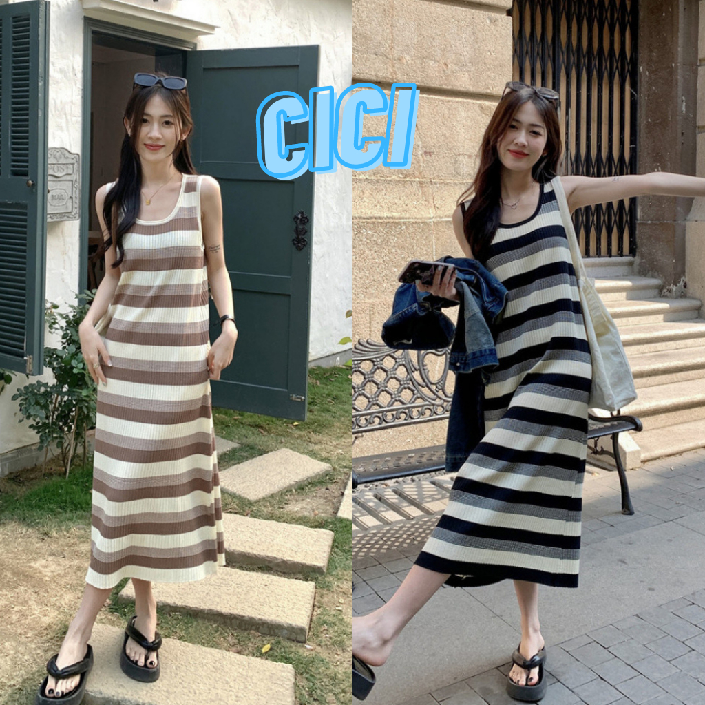 ส่งทันที Cici(NO. 23CX08)เดรสยาวแขนกุดไหมพรมผ้าร่อง ลายทาง ใส่สบายคลายร้อน