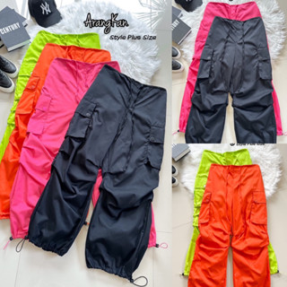 NEON cargo pants💚🧡🖤💗กางเกงทรงคาร์โก้ แฟชั่นY2K แต่งกระเป๋าเท่ห์ๆใบใหญ่