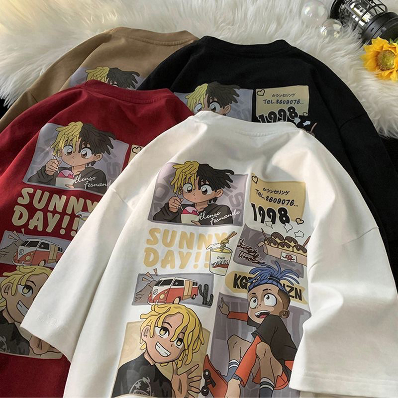 Smart พร้อมส่ง เสื้อยืดเเนวสตรีท เวอร์ชั่นเกาหลี แฟชั่นผู้ชาย สกรีนลายการ์ตูนญี่ปุ่นน่ารัก เสื้อยืด โอเวอร์ไซส์ 1998