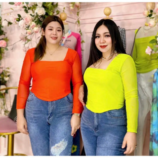 Plus size (S33) เสื้อคอเหลี่ยมสาวอวบ ผ้าตาข่ายเรย่อน รุ่น คอเหลี่ยมวันเดย์