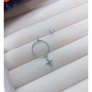 314-goodgift_station-star earrings s925 silver ต่างหูดาว 2 ข้างไม่เหมือนกัน เป็นห่วงกลมห้อยดาว และอีกข้างเป็นรูปดาว