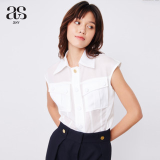 [asv ss23] Stephanie Shirt เสื้อผู้หญิง คอปกเชิ้ต แขนกุด ทรงแขนล้ำ แต่งกระเป๋าหน้า แต่งกระดุมทอง