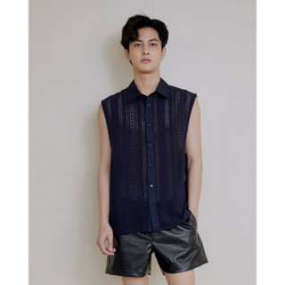 kevii013 - Sleeveless Shirt - Navy Waffle Cheer ผ้าโปร่งแขนกุด ปกเชิ้ต