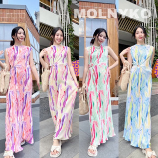 maxi dress เดรส ชุดเดรสอัดพลีท อัดพลีท ชุดอัดพลีทแขนล้ำ