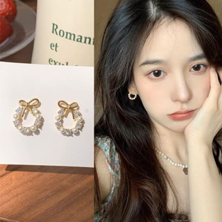 Jewelry Bling ต่างหูพร้อมส่ง โบวโกลมลาย สายหวานใจ มินิมอล แพ้ง่ายใส่ได้