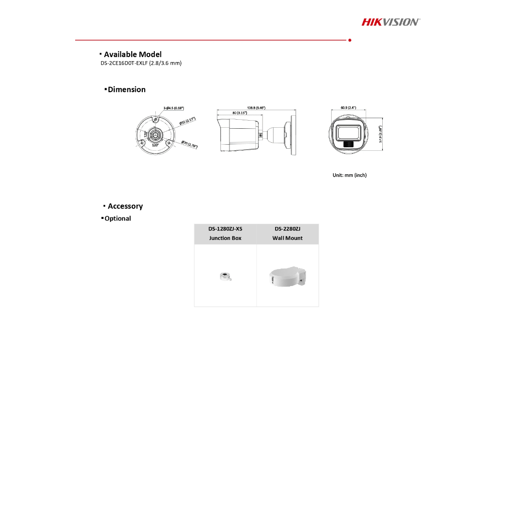 กล้องวงจรปิด HIKVISION ความละเอียด 2MP (1080P)  DS-2CE16D0T-EXLF สามารถเลือกเลนส์ได้