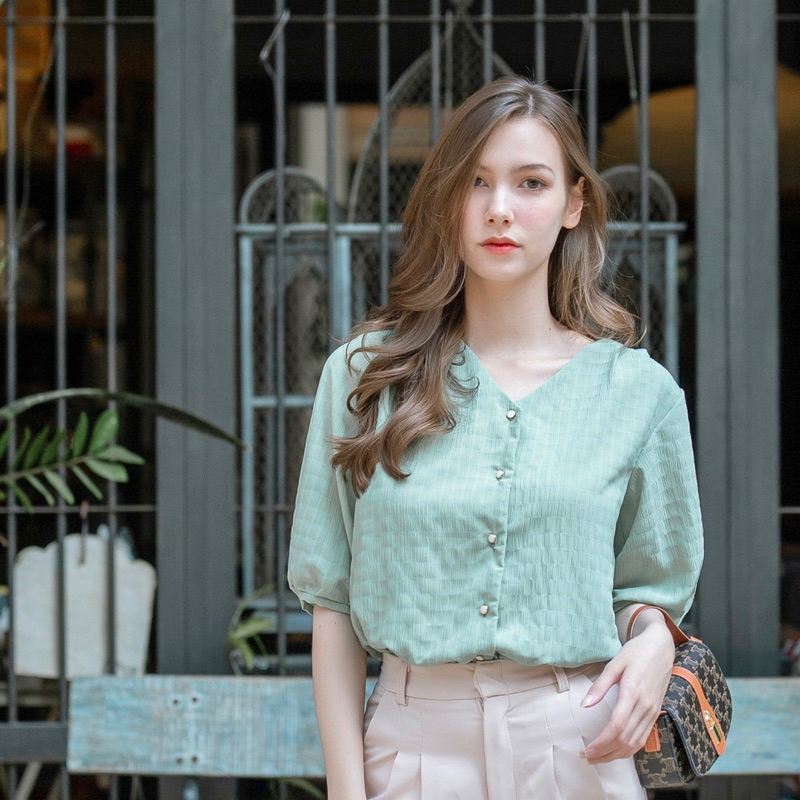 Mosaic top (Gen2): Green เสื้อ ไม่ต้องรีด [Freedary.brand]