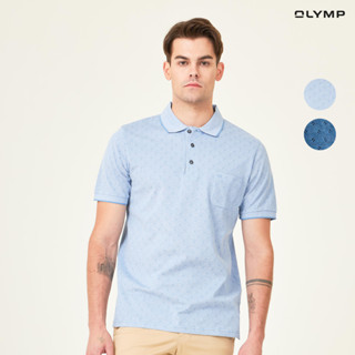 OLYMP LUXOR Casual Polo เสื้อโปโล สีฟ้า พิมพ์ลายสีน้ำเงิน ทรงหลวม ใส่สบาย