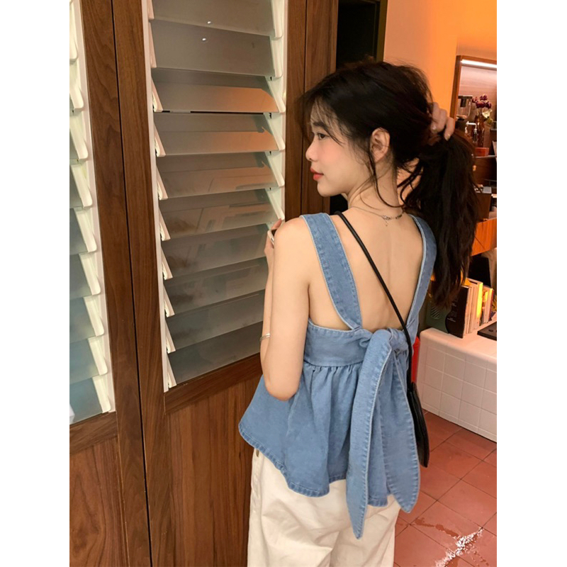 CHERISH (พร้อมส่ง) E12 เสื้อกล้ามแฟชั่น แขนกุด ผูกหลัง ผ้ายีนส์ หลังมียางยืดได้ถึงอีก 38 ผ้าหนาคุณภาพ