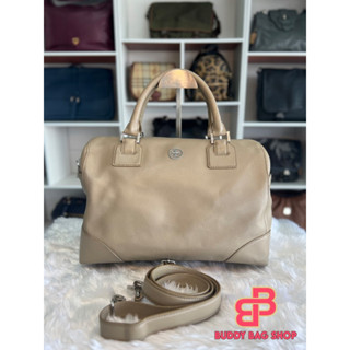 Tory Burch Beige Leather Boston Bag 14 นิ้ว