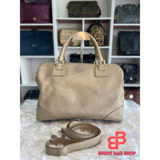 Tory Burch Beige Leather Boston Bag 14 นิ้ว