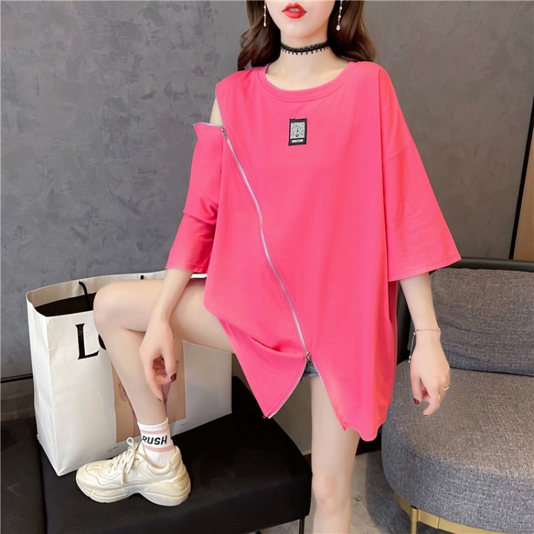 เสื้อแขนสั้น Oversize (อก 48-64 นิ้ว) คอกลม ซิปหน้ารูดขึ้น-ลง เปิดไหล่ได้ ผ้าคอตตอล พร้อมส่ง A18